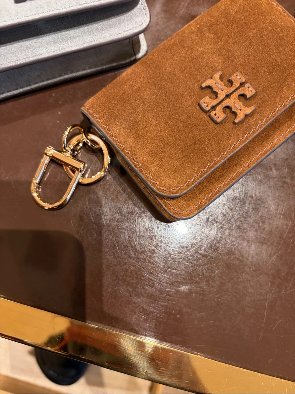 Tory Burch brown suede pebble leather Thea flip card case chainnew with tag new
